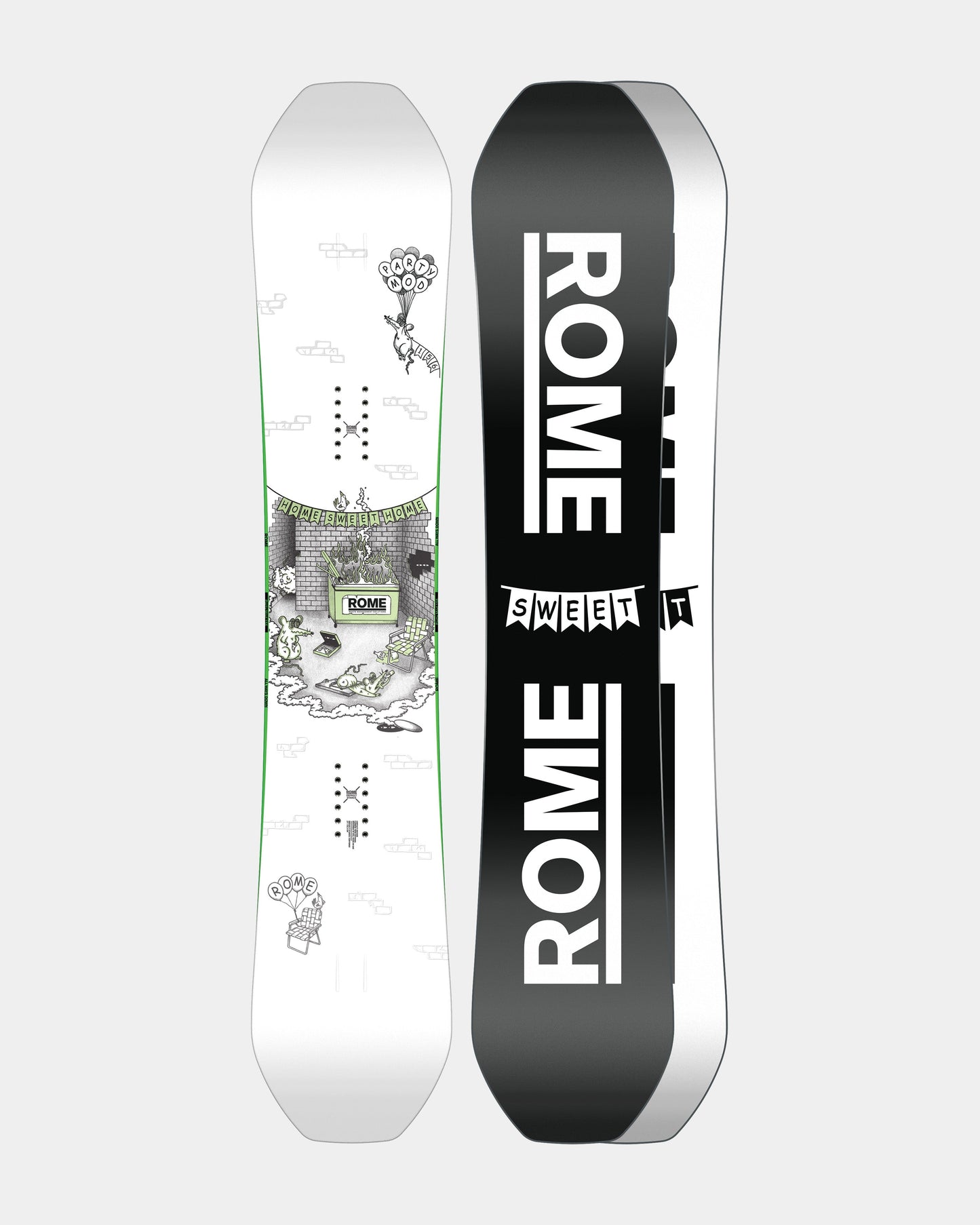 Men snowboards in black and white. Party Mod 2025 | Rome Snowboards™ 2025.