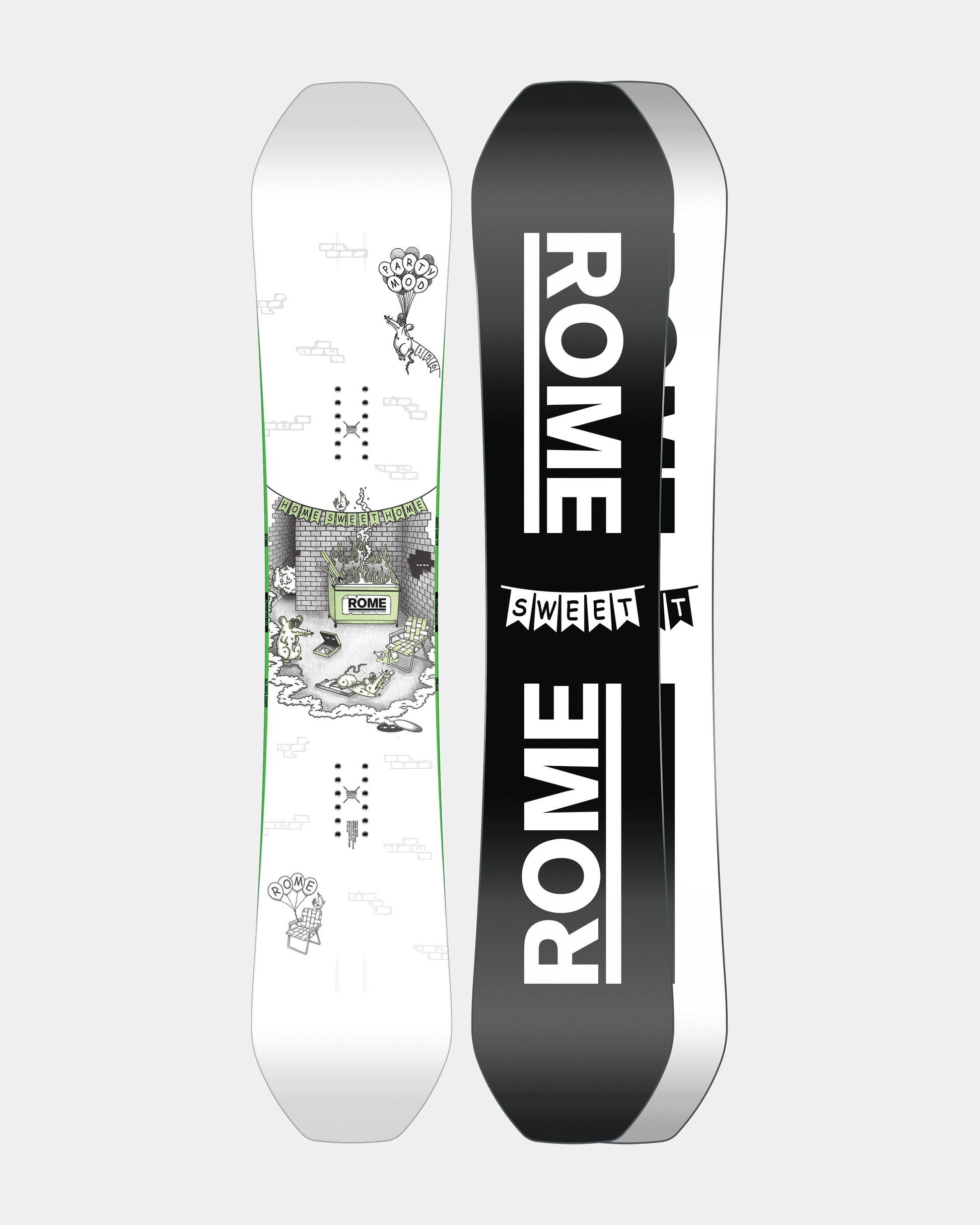 Men snowboards in black and white. Party Mod 2025 | Rome Snowboards™ 2025.