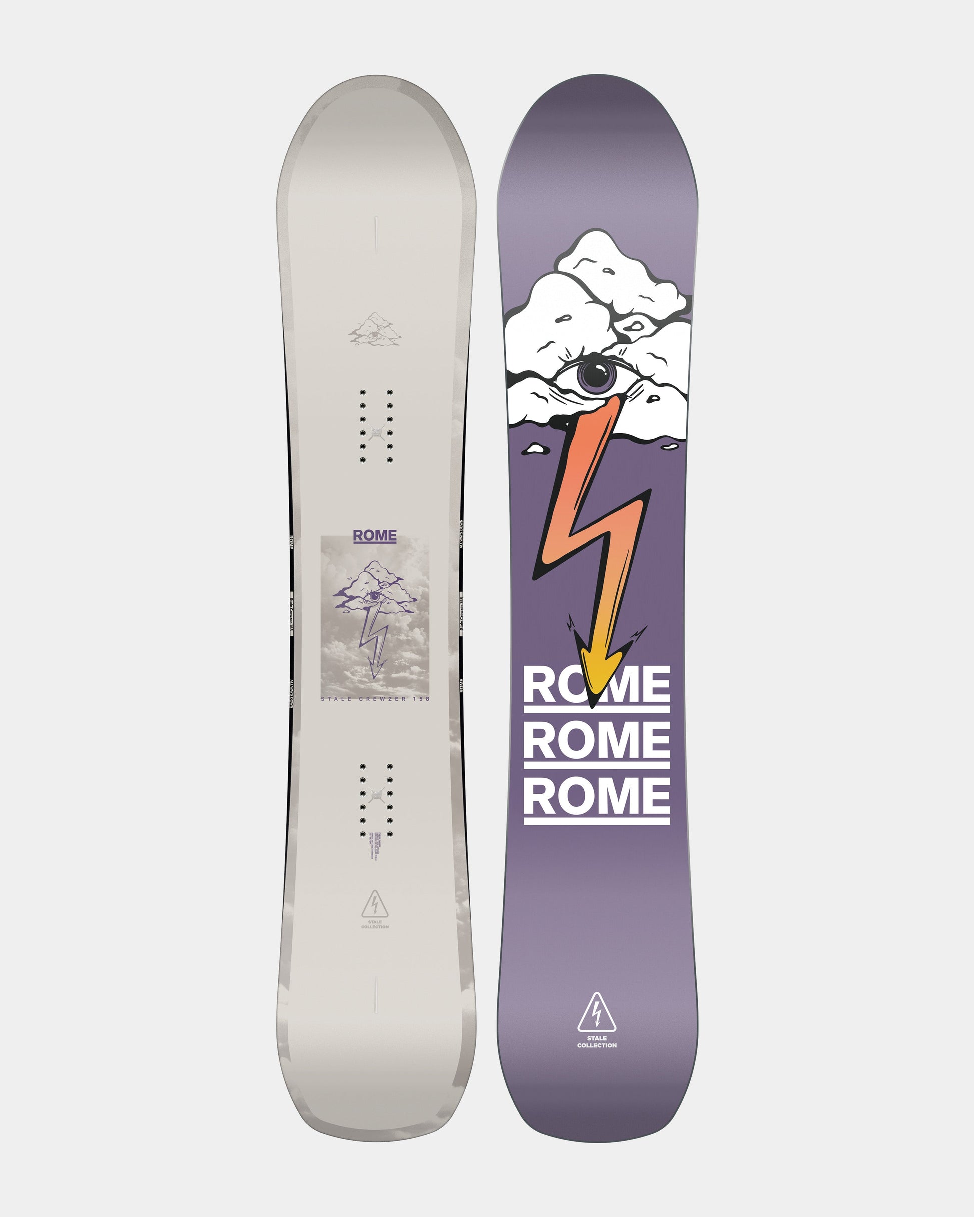 Men snowboards in purple and grey. Stale Crewzer 2025 | Rome Snowboards™ 2025.